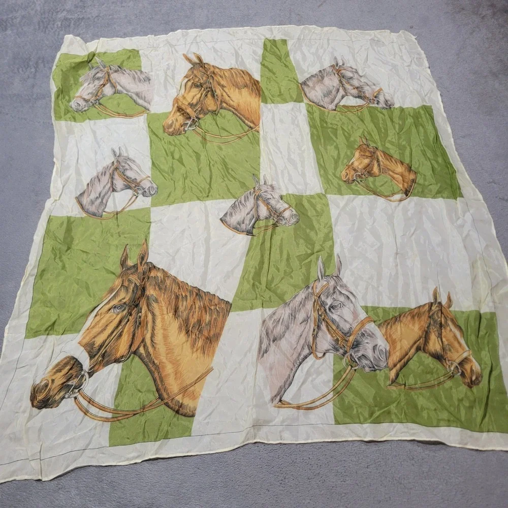 Unbranded Women Square Scarf OS Green White Horse Print Equestrian Silk-Like‎